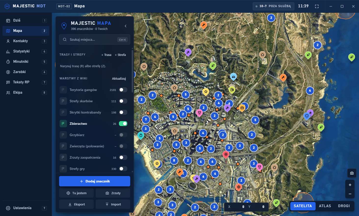 Mapa z pogrupowanymi znacznikami i panelem warstw